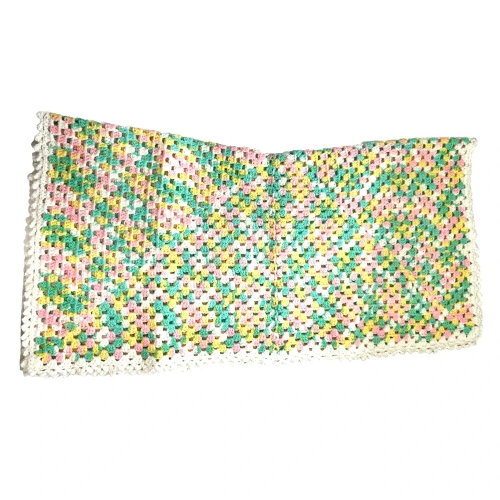 Handmade Crochet Baby Blanket Granny Square Pastel Pink Yellow Green 42x42 New
